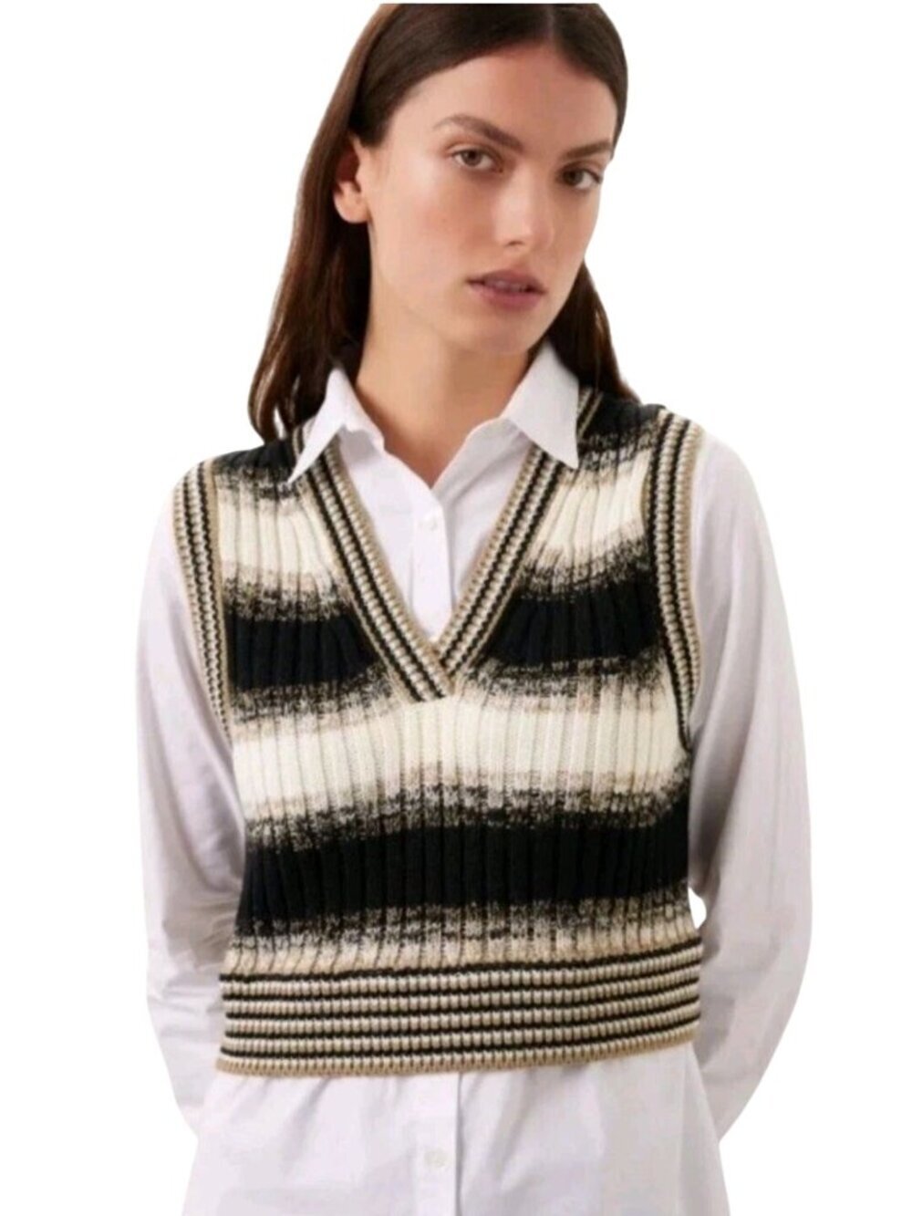 Veronica Beard Spear Mixed Media Vest Black Multi White Blouse Designer Size L